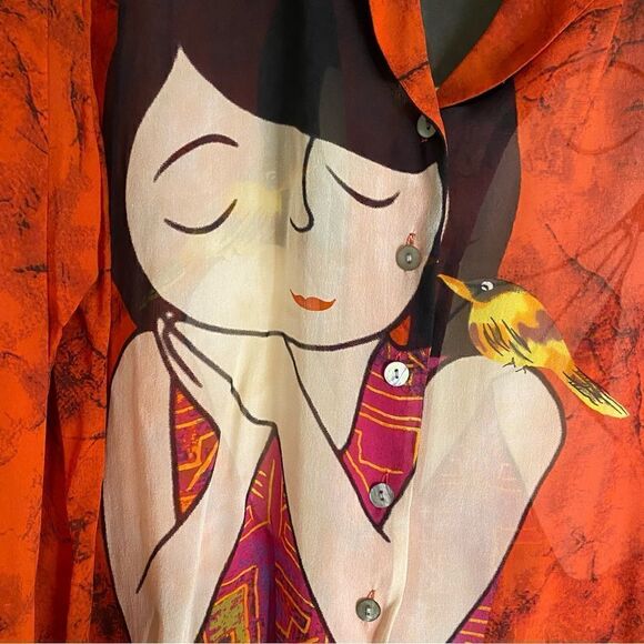 Chico’s Red Silk Graphic Asian Print Blouse Size Large NWT - Picture 7 of 11